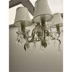 Metal white finish five branch chandelier, with leaf detailing and droplets H39cm, with five white pleated lampshades. 