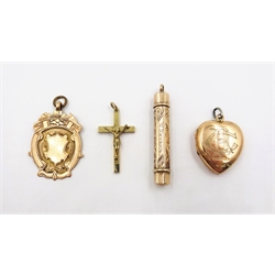  Rose gold propelling pencil stamped 9ct, rose gold medallion, heart locket and gold cross pendant hallmarked 9ct approx 16.6gm  