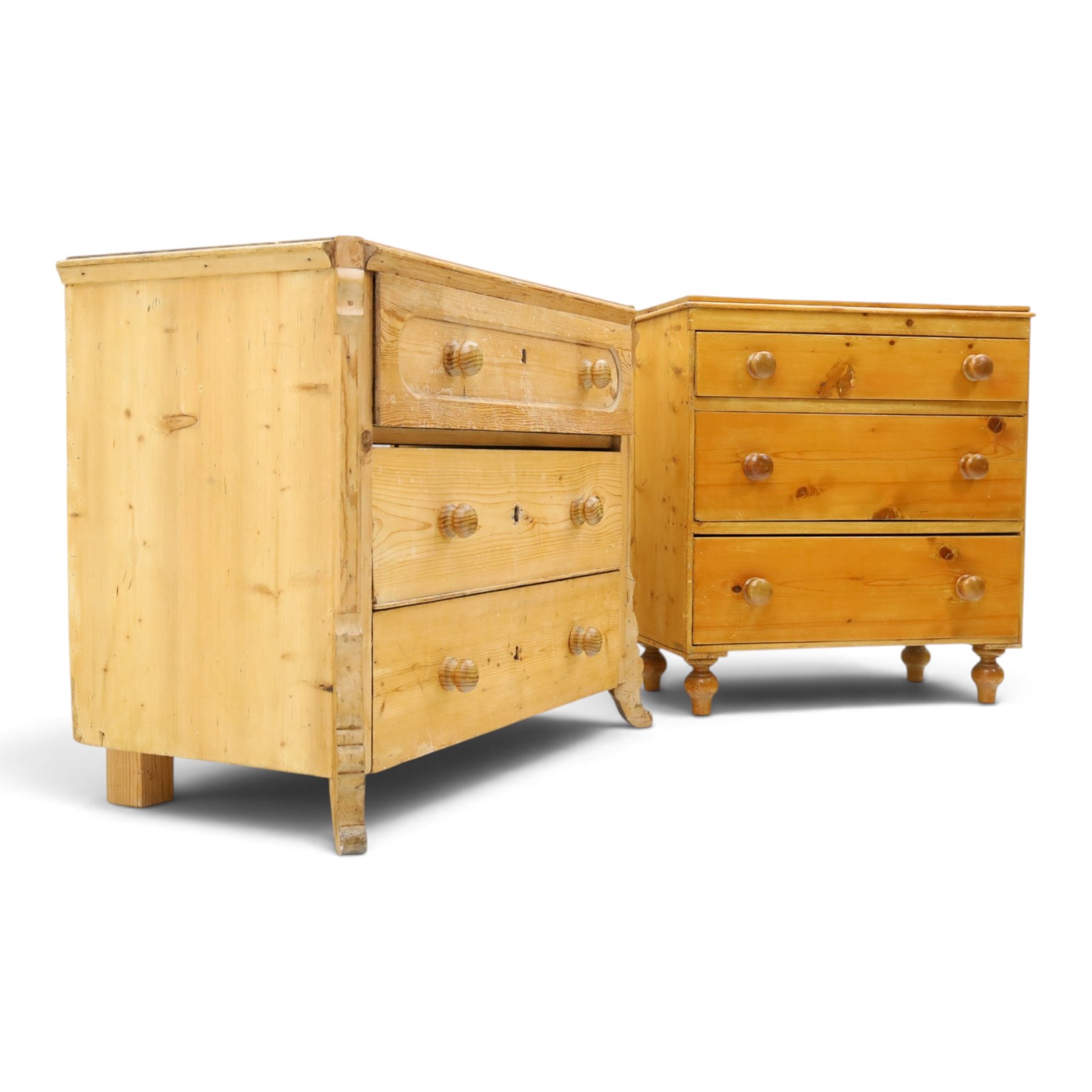 Two pine chests, comprising Victorian pine chest fitted with three  drawers with turned handles, shaped uprights extending to bracket feet, (H 83cm, W 77cm, D 41cm) and Continental pine chest fitted with three drawers with turned handles, on turned feet (H 81cm, W 100cm, D 51cm)