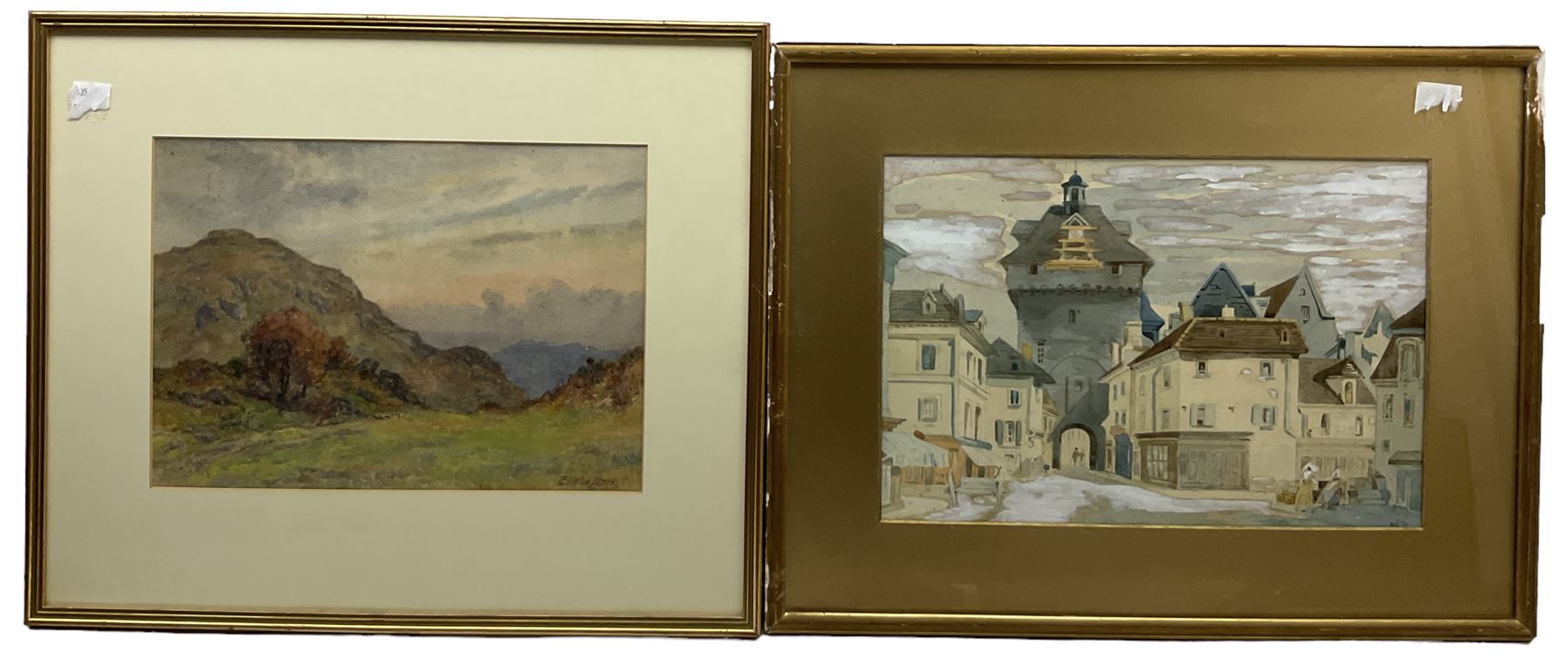Josiah Clinton Jones (British 1848-1936): Hilly Landscape, watercolour signed; EG (Continental 19th/20th century): Continental Marketplace, watercolour signed and dated '01 max 25cm x 37cm (2)