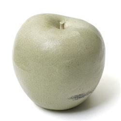 Collection of ceramic fruit and vegetables, including raku examples, comprising two walnuts, three mushrooms, one garlic bulb, a pear and an apple