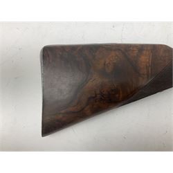 19th century John Jefferson of Scarborough 6-bore (modern 4-bore) double barrel side-by-side percussion gun, with 81cm stub twist damascus barrels (no provision for ramrod), well figured walnut stock with fine chequered grip and fore-end with horn tip and steel butt plate with long tang, well engraved lock and hammers with half-cock safeties on both sides, barrel sling swivel but rear sling swivel removed and replaced with silver escutcheon, London proofmarks, NVN, L128cm