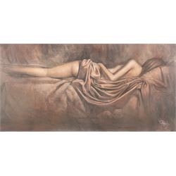 Nicolas Ruston (British 1975-): Reclining Nudes, pair of mixed media signed and dated '99, 38cm x 74cm (2)