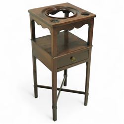 George III mahogany washstand, square top with circular wash bowl aperture and twin bottle...