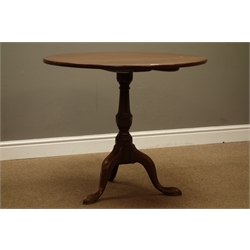  George III mahogany tripod table, circular tilt top, turned column, three splayed legs with angular feet, D85cm, H71cm  