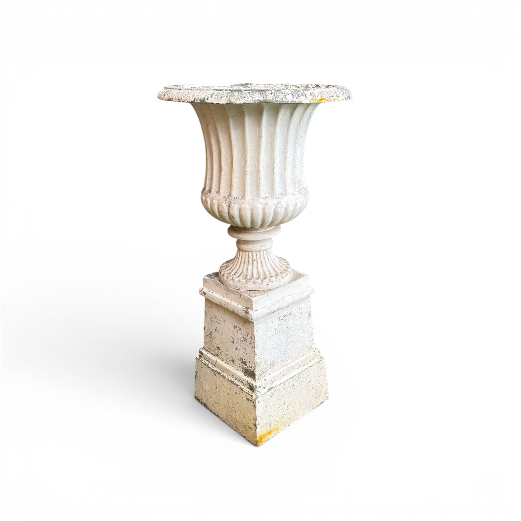 Victorian design white painted cast aluminium garden urn on plinth, fluted bowl on squat pedestal, tapering base