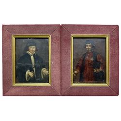 Dutch School (18th century): 'Gentilomo Veneti' and 'Capitano Veneti', pair miniature portraits of 15th century Venetian Renaissance men, oil on copper unsigned and titled 12cm x 8.5cm (2)