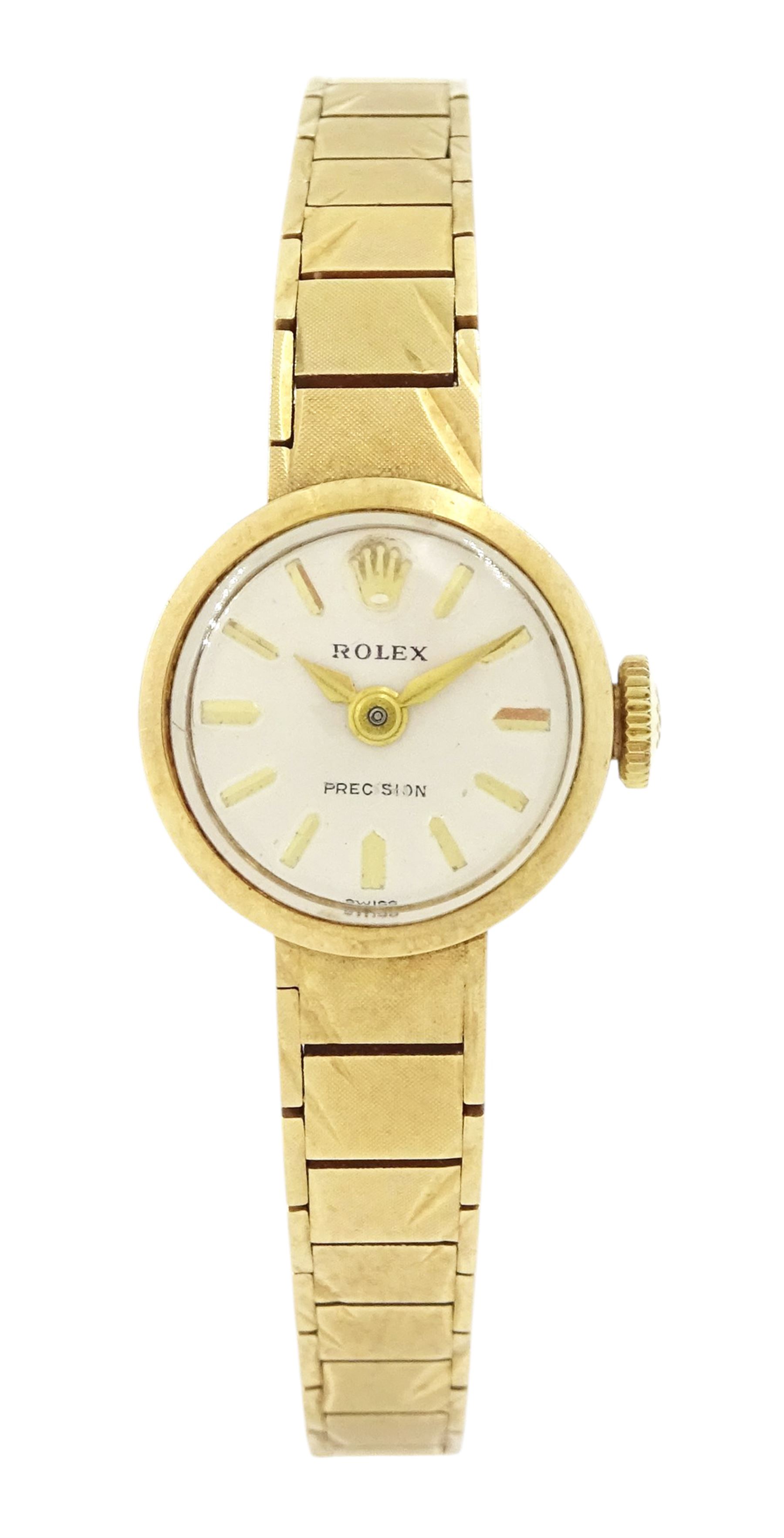 Rolex Precision ladies 9ct gold manual wind wristwatch, Cal. 1401, silvered dial with baton hour markers, the integral bracelet and case  by D Shackman & Sons, London 1965, boxed with guarantee