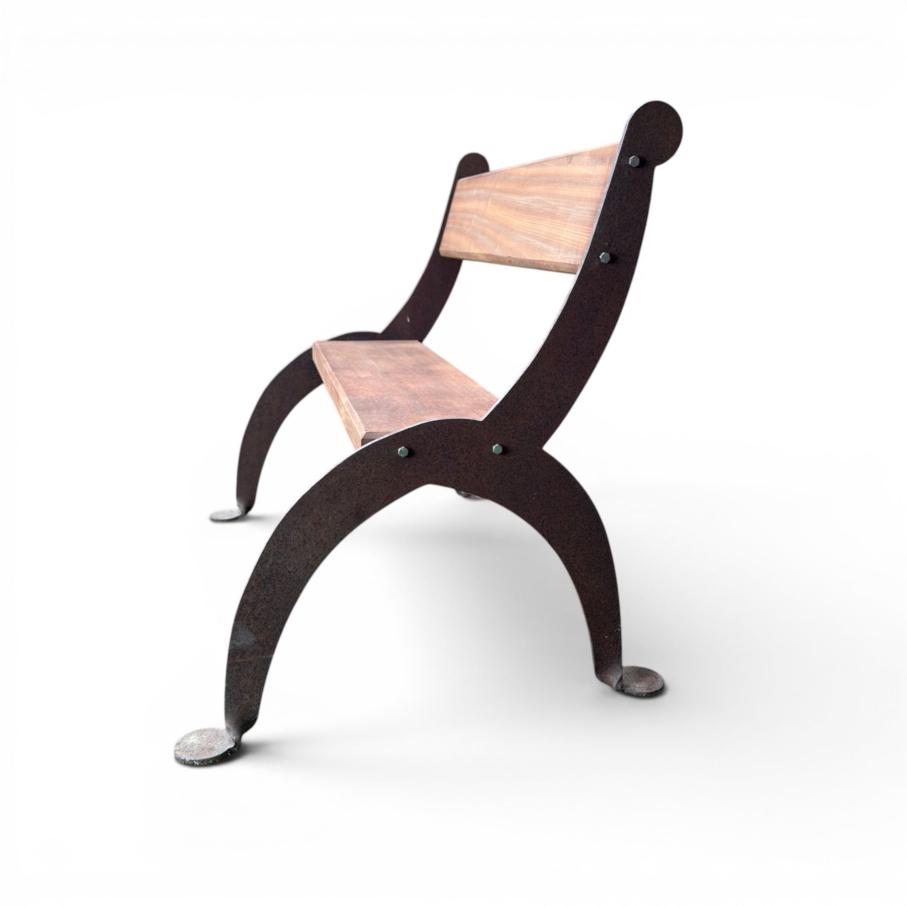 Corten steel industrial minimalism garden bench, sapele hardwood plank seat and backrest, unfinished steel with stained timber