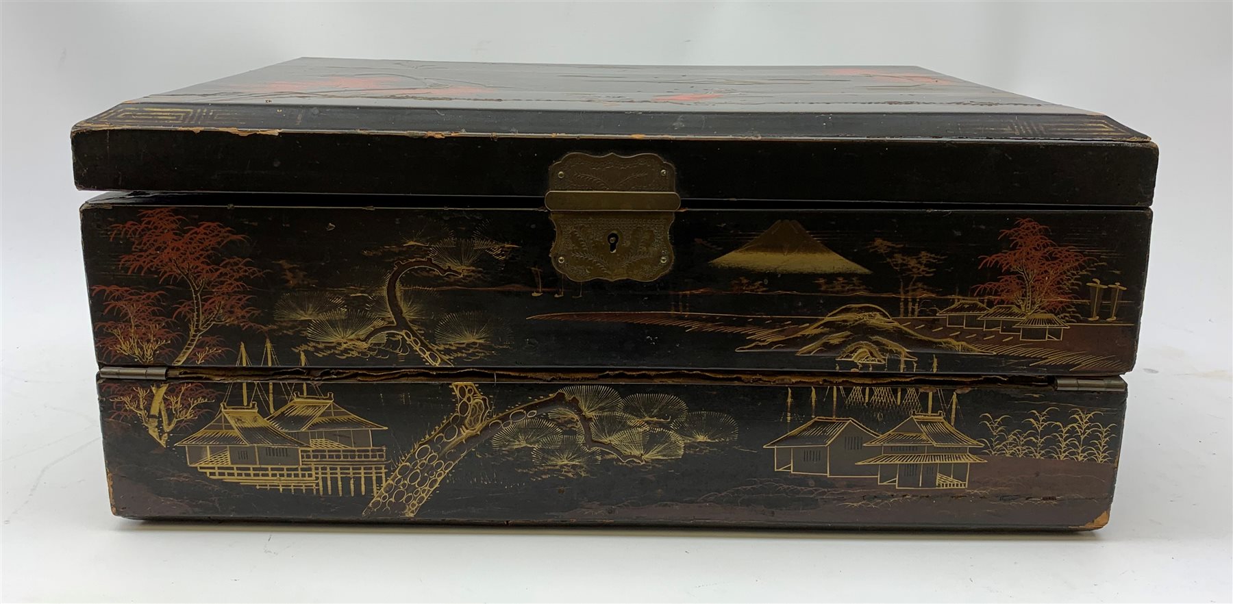A 20th century Chinese black lacquer and gilt detailed writing box