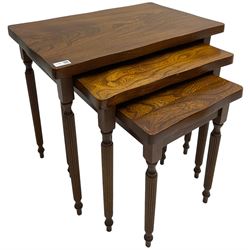 19th century design elm nest of three tables, rectangular shaped top, raised on tapering reeded supports 