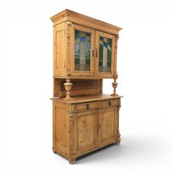 Late 19th century French pine dresser with stained glass upper section, the upper section ...