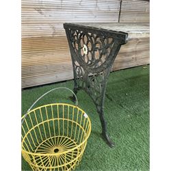 Cast iron and wood slatted garden table and pair of metal hanging baskets  - THIS LOT IS TO BE COLLECTED BY APPOINTMENT FROM DUGGLEBY STORAGE, GREAT HILL, EASTFIELD, SCARBOROUGH, YO11 3TX