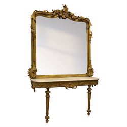 Large late 19th century Rococo revival giltwood and gesso pier mirror, the rounded rectangular frame with richly carved crest and scrolls with acanthus leaves and foliate ornamentation, above a giltwood console table with Carrara marble top and richly carved guilloche and ribbon tied laurel garland frieze, rosettes, and central scrollwork, raised upon tapered legs with beaded moulding and square block above with turned toupie style terminal  