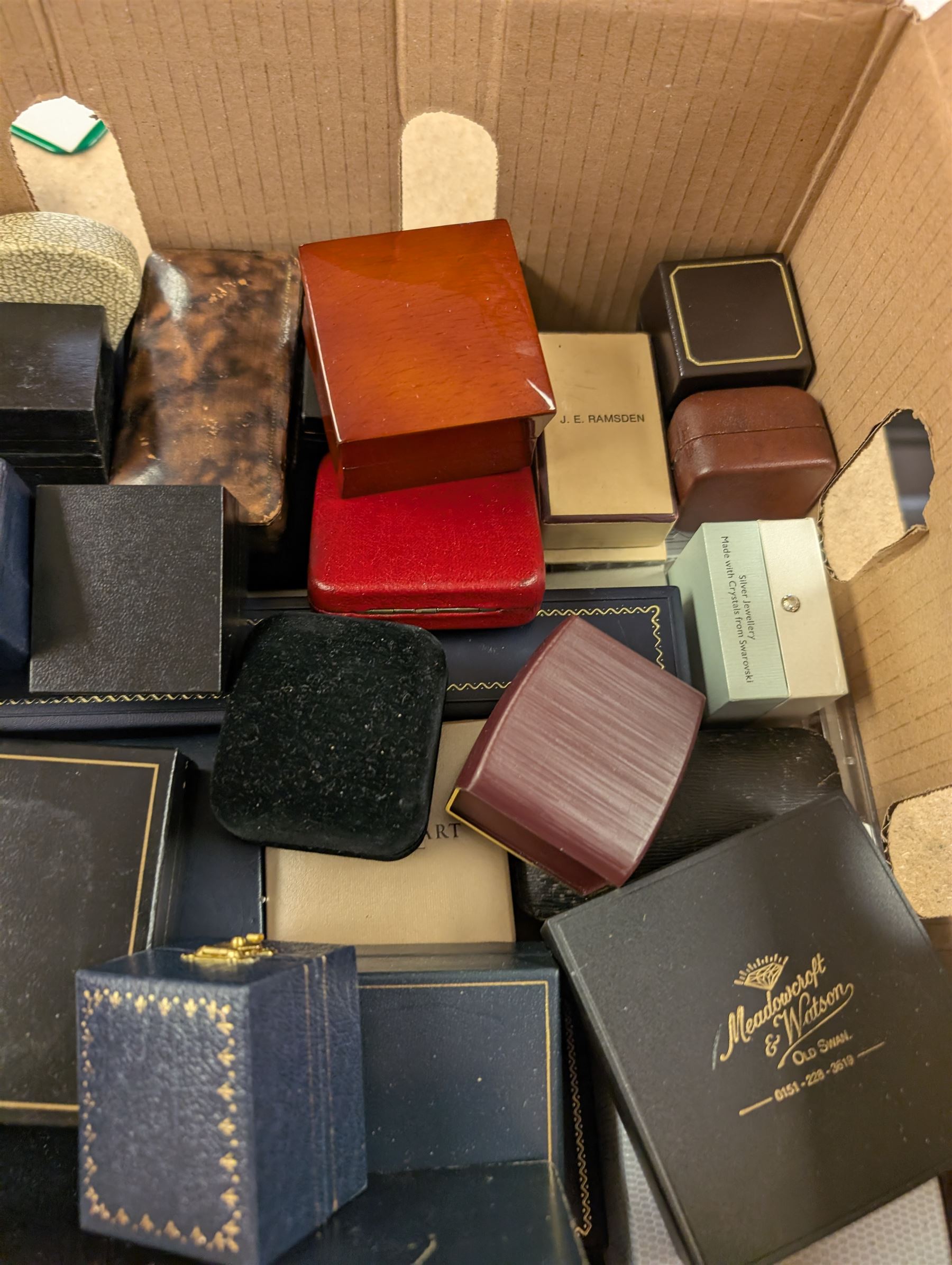 Collection of jewellery boxes including velvet, leather and card examples