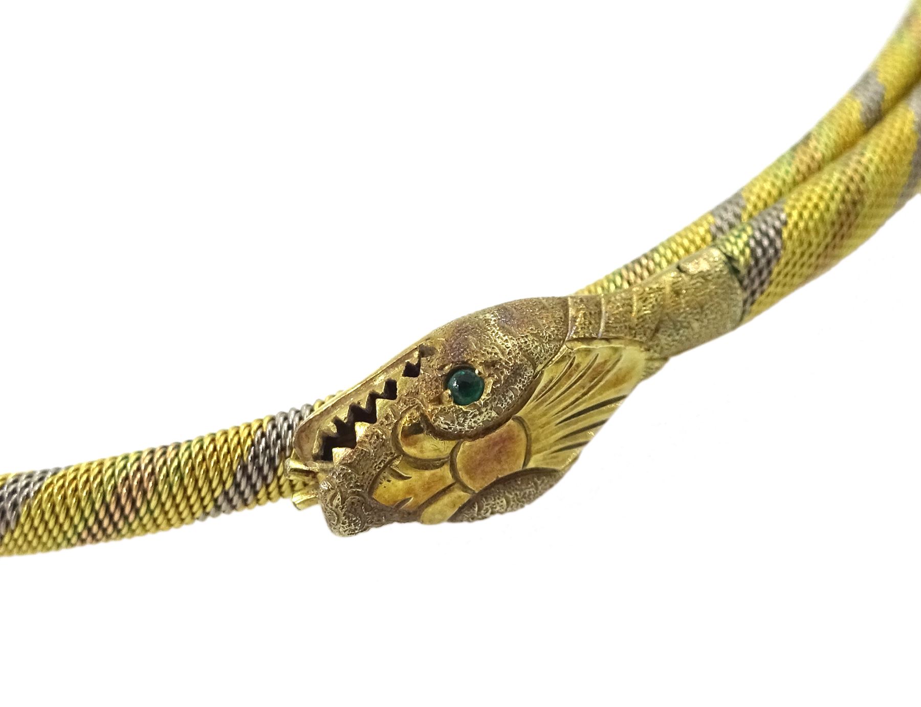 Early - mid 20th century gold coiled snake necklace, the 18ct tri-coloured body with 9ct gold head stamped