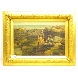  Robert Jobling (Staithes Group 1841-1923): Girls on the Rocks, oil on canvas signed 30cm x 45cm  