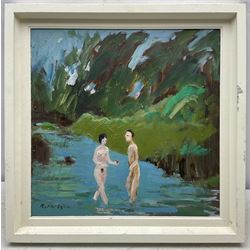 Paul W Ozere (Cornish 20th century):  Adam and Eve, Bathers, View Towards the City, Breaking the Bank, Beneath the Wave and Watcher, six oils on canvas signed max 39cm x 39cm (6)