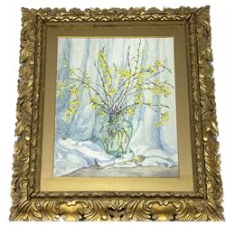 A Maud Parsons (British 20th Century): Yellow Flowers in a Vase, watercolour signed, in ornate hand-carved Florentine gilded frame 47cm x 35cm