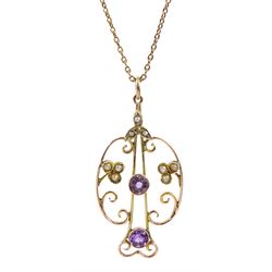 Edwardian 9ct rose gold open work split seed pearl and amethyst pendant, on gold trace link chain stamped 9ct and pearl pendant necklace