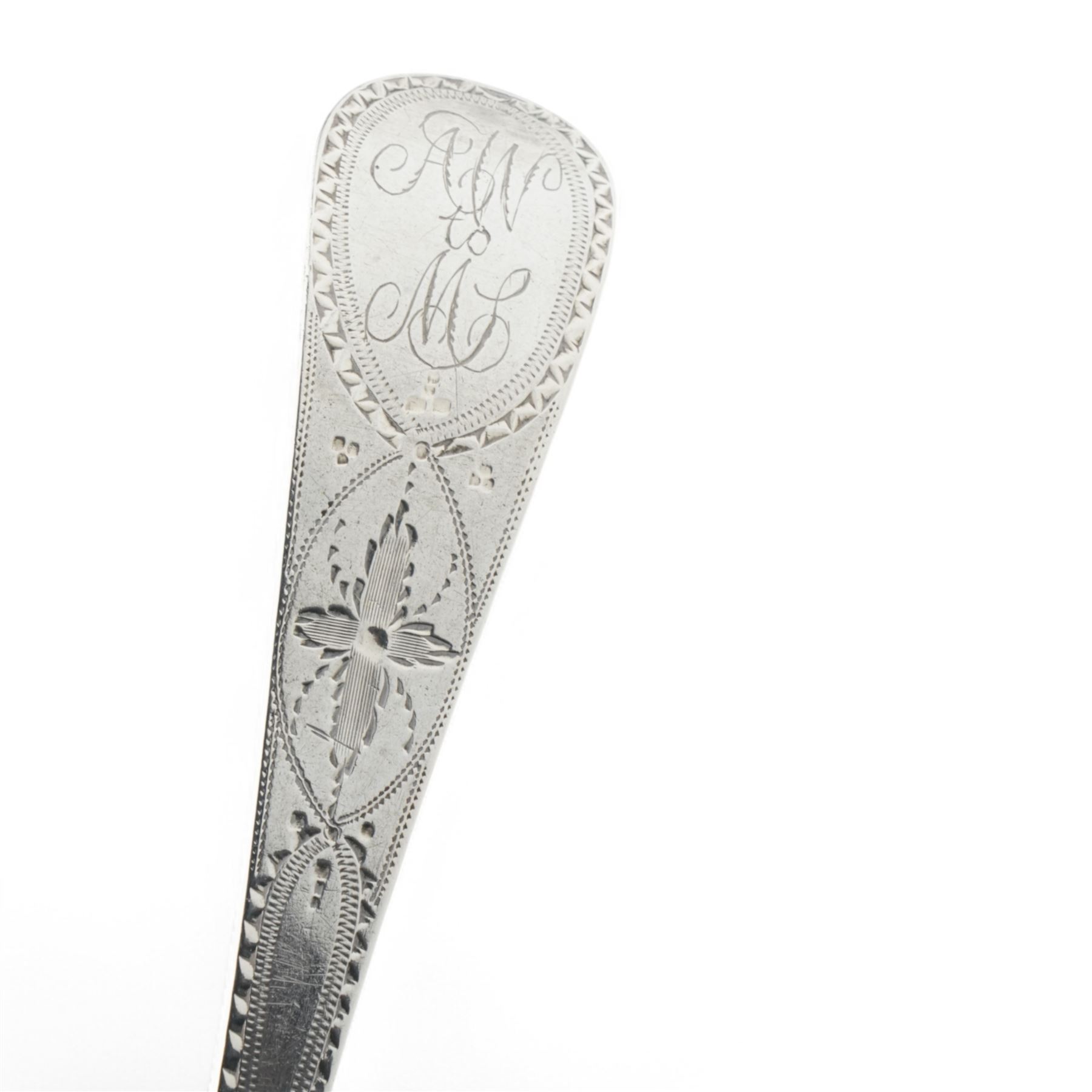 Pair of George III silvet table spoons  'AW to ML' with bright cut stems L23cm London 1799 Maker Peter, Ann and William Bateman