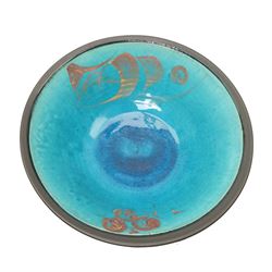 Large Crowan Pottery bread crock, H30cm; together with a studio pottery oval shallow dish, D52cm, and an Alan Caiger-Smith bowl, D42cm, variously marked and inscribed (3)