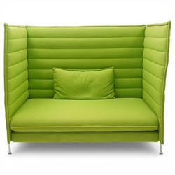 Ronan and Erwan Bouroullec (1971- ; 1976-) - Vitra ‘Alcove’ sofa, with high winged sides and back upholstered in green ‘Credo’ fabric with horizontal channel detailing, fitted seat cushion and scatter cushion, on chrome tubular frame supports