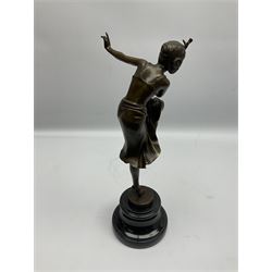 Art Deco style bronze figure of a dancer after 'Chiparus' on socle base, H39cm overall