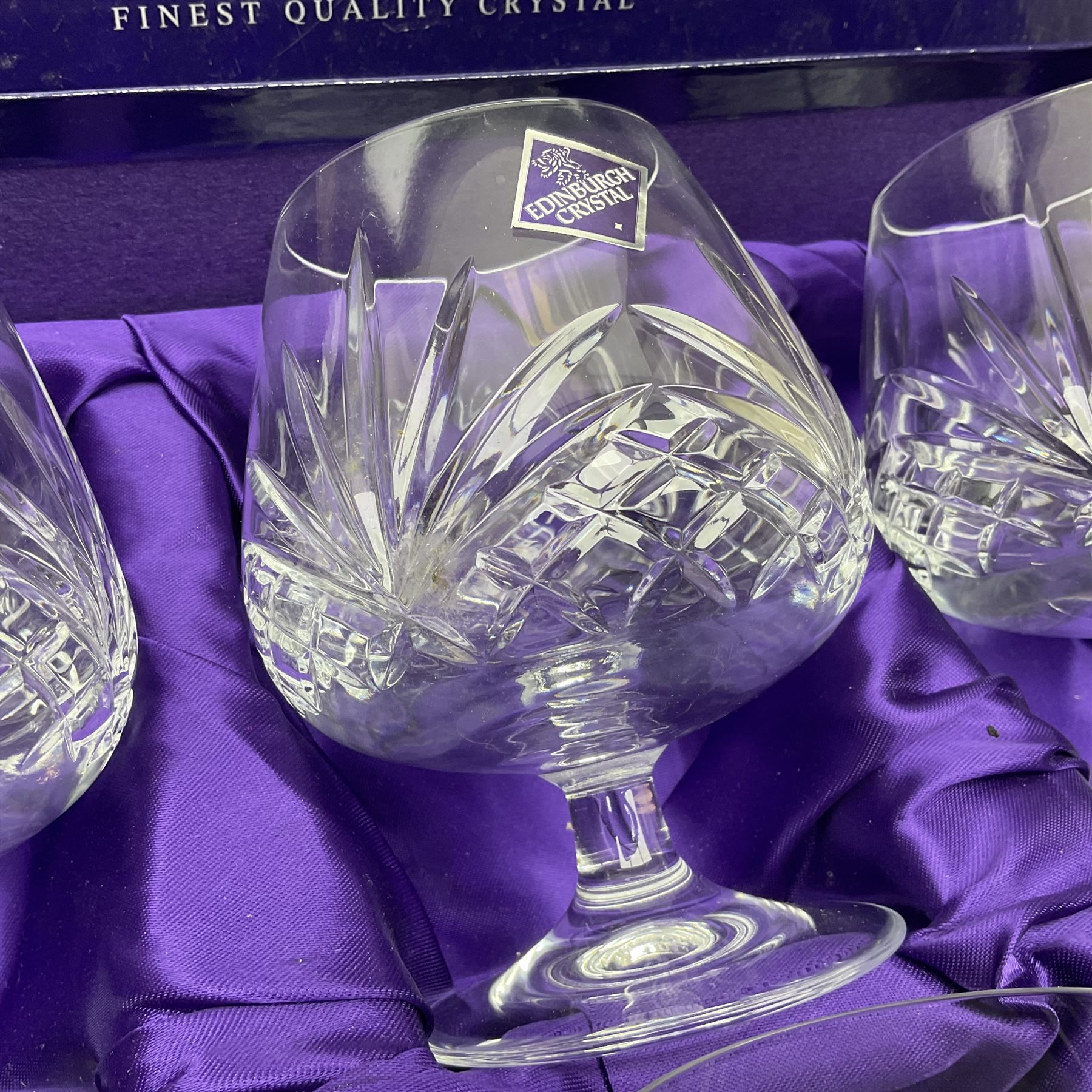 Set of six Edinburgh Crystal Continental Collection wine glasses, together with a set of six Edinburgh Crystal brandy glasses, both boxed
