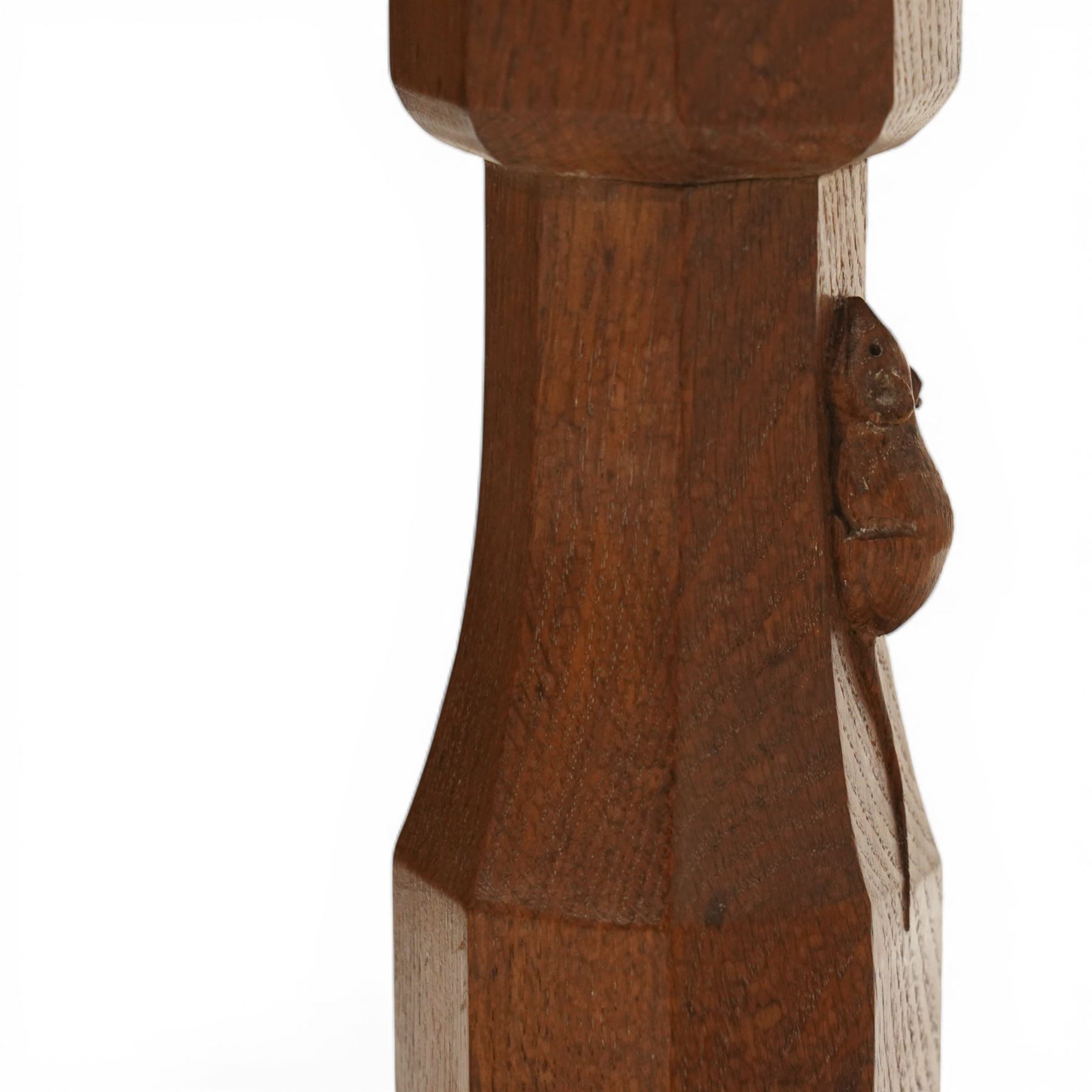 Mouseman - oak side table, rectangular adzed top, raised on octagonal supports united by stretcher on sled feet, with carved mouse signature, by the workshop of Robert Thompson of Kilburn