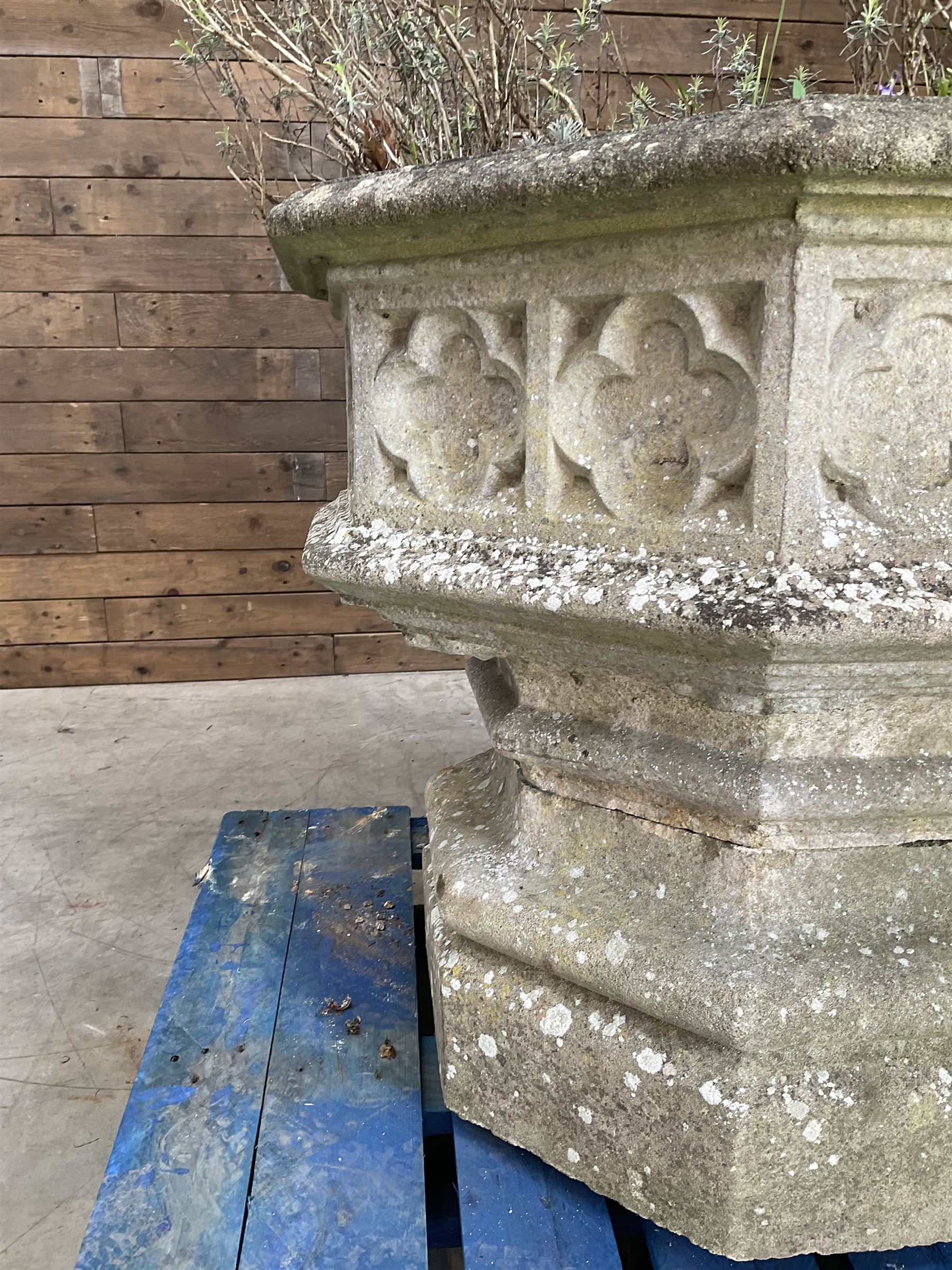 Large gothic design octagonal cast stone centre-piece urn olanter, quatrefoil decoration 