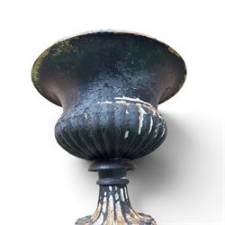 Circle of Coalbrookdale - 19th century cast iron and black painted campana shape urn with flared and scalloped rim, gadrooned underbelly on stepped square base