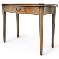 Georgian mahogany fold-over serpentine tea table, shaped rectangular top with drop leaves, fitted single drawer with brass handle, on squared tapering supports

Extended depth 90cm
