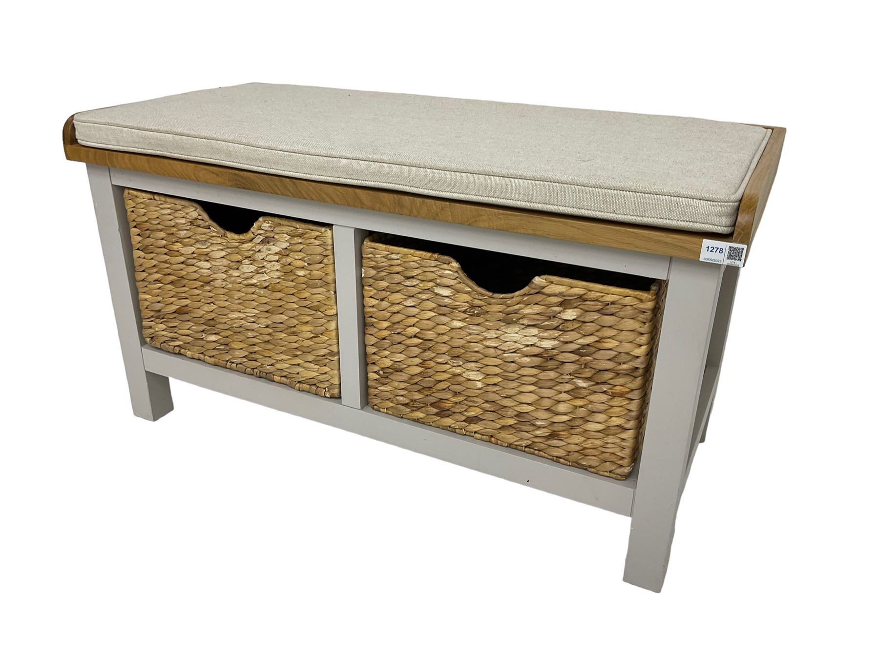Roseland Farrow - oak and grey finish hallway bench with baskets and squab cushion 