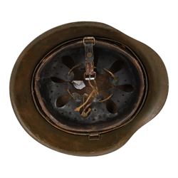 German Third Reich M45 Luftwaffe single decal helmet, the inner back brim stamped hkp 64, 16438, with eight tongue leather liner and the buckle part of the chinstrap