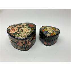 Thirteen lacquered boxes including gilt box decorated with birds in a flowering tree, three examples with cats to the lids, various floral pattern etc  