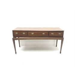 Early 19th century inlaid mahogany sideboard, two short and one long drawer, square tapering supports with spade feet