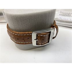 Swatch Irony chronograph stainless steel quartz wristwatch, on original tan leather strap and one other Irony quartz wristwatch, on stainless steel strap both boxed (2)