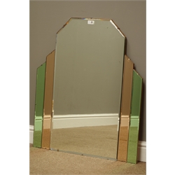  Art Deco period frameless mirror with canted staggered top, green and amber tinted glass, 74cm x 85cm  