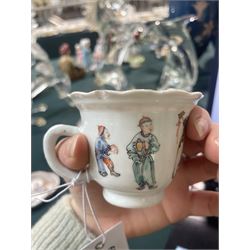 Set of Chinese 20th century tea wares, comprising three bowls of graduating sizes, teacup, spoon rest and small plate, decorated with scenes of figures around a table, each with scalloped rim, largest bowl D12cm
