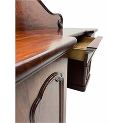 19th century figured mahogany twin pedestal sideboard, raised back with carved detail
