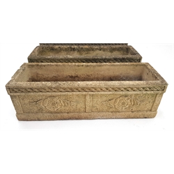  Set four rectangular Cotswold composite stone planters with Yorkshire rose detail, W51cm, D20cm, H19cm  