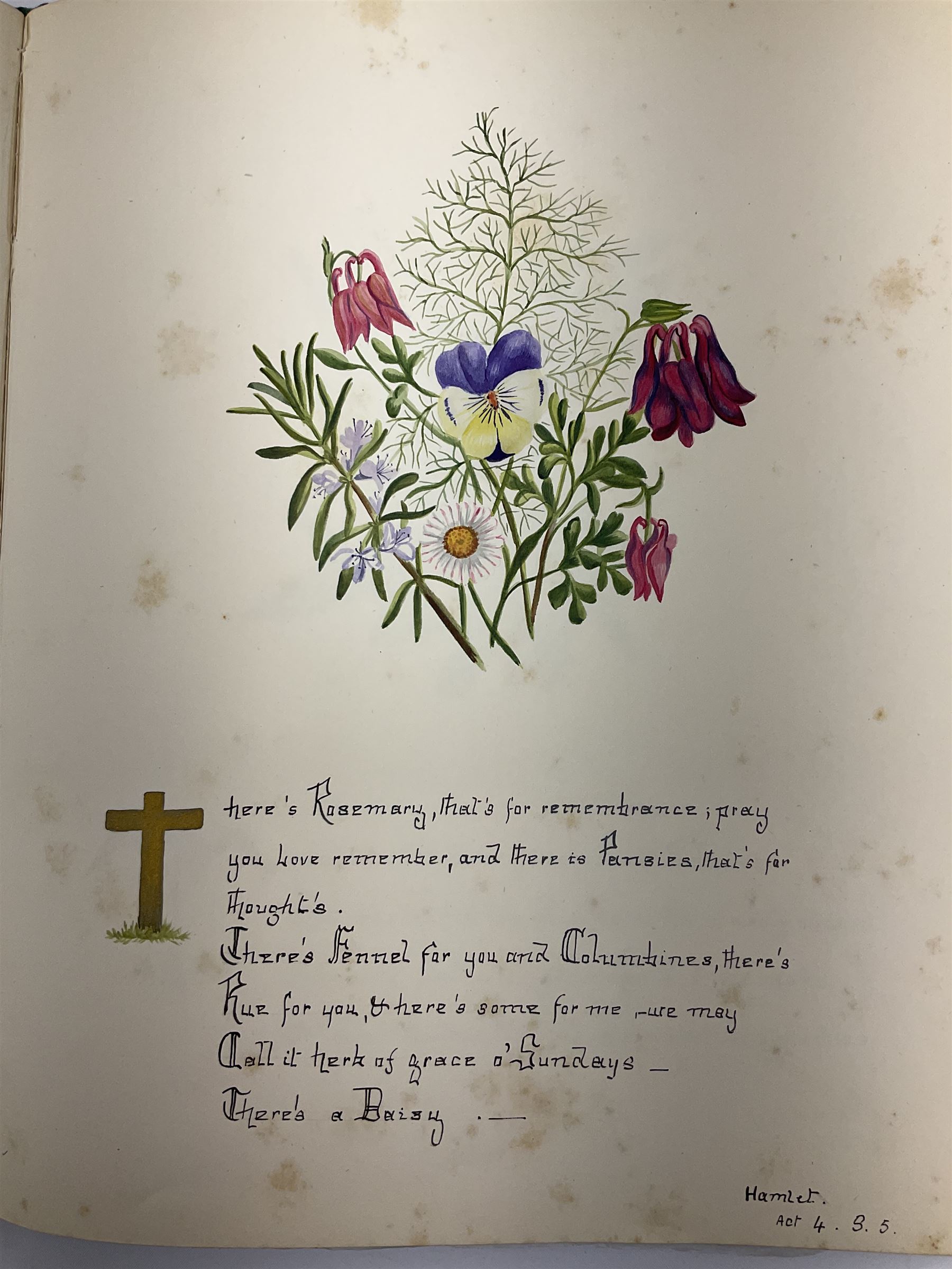 Collection  of 'the Flowers of Sheakspeare' bound in a book, approximately twenty nine studies in watercolour, each work detailing the act the flower is mentioned, together with the tapestry book by Candee. 