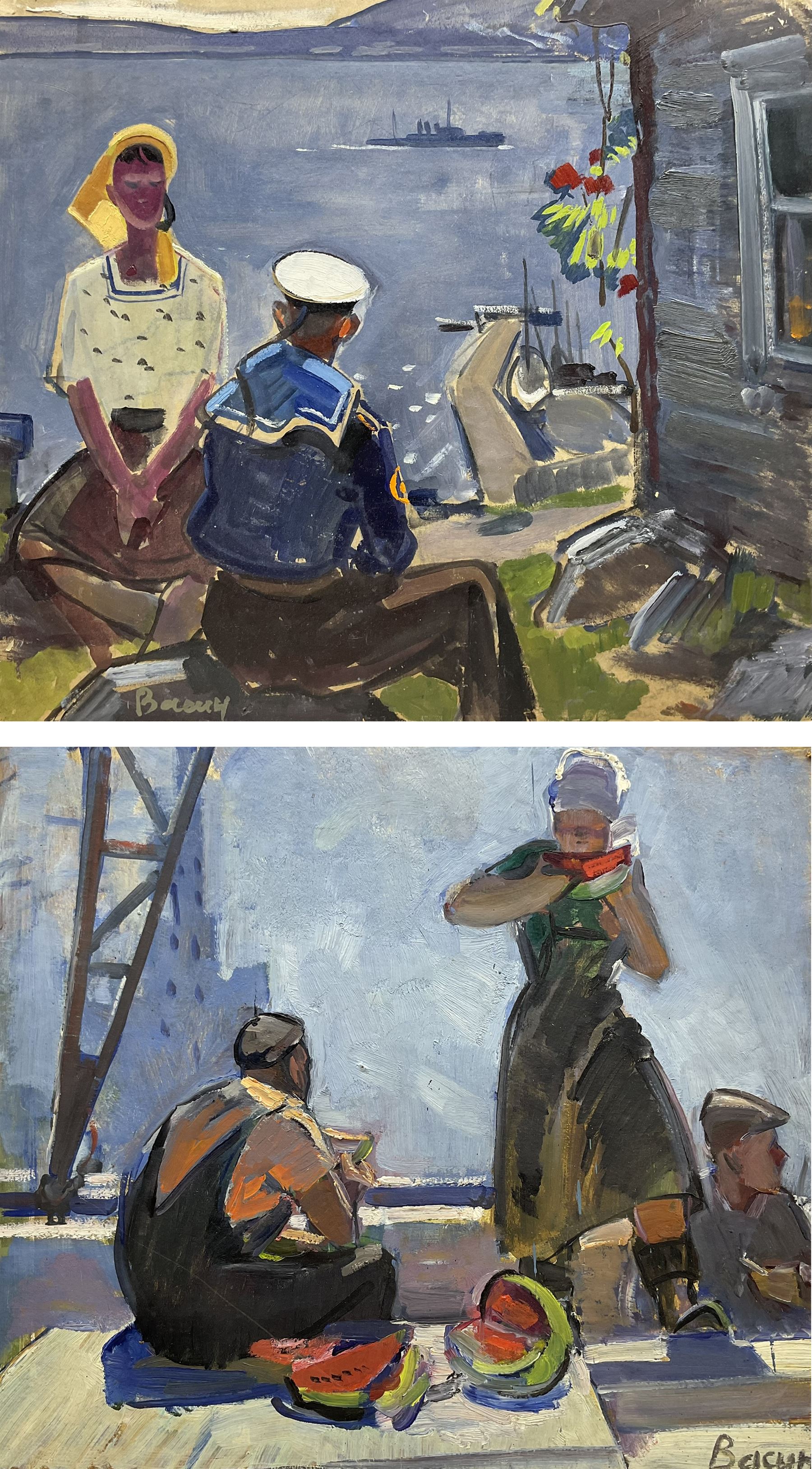 Viktor Fedorovich Vasin (Russian 1919-1997): Sailor and Young Lady Looking out to Sea and Workers Eating Watermelon, double-sided oil on board signed 46cm x 52cm (unframed)
