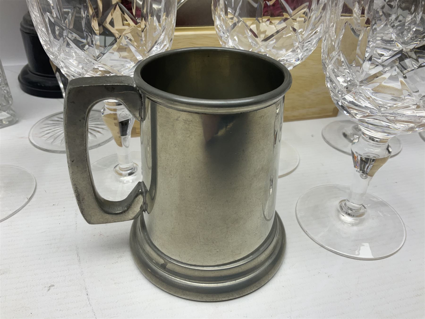 German Bleikristall decanter, set of six Stuart Crystal glasses, a Dartington Crystal decanter, christmas lights and a collection of pewter tankards, etc 