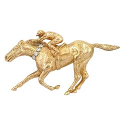 9ct gold diamond horse and jockey racing brooch