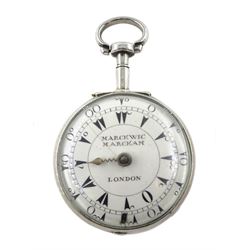 18th century silver pair cased verge fusee pocket watch for the Turkish market by Markwick Markham (London ca.1725-1805), square baluster pillars, pierced and engraved balance cock, white enamel dial with Turkish numerals