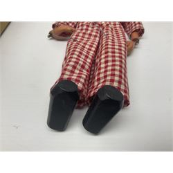 Pelham Puppet - a rare type SM Harlequin circa 1950s with painted black face mask, black felt hat, green ruff and red white chequered suit, H31cm; in original box with instructions 