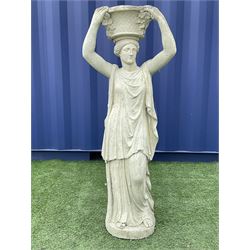 Composite stone classical figure of a woman with raised basket planter, decorated with flower heads - THIS LOT IS TO BE COLLECTED BY APPOINTMENT FROM DUGGLEBY STORAGE, GREAT HILL, EASTFIELD, SCARBOROUGH, YO11 3TX
