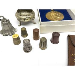 Miscellaneous collectables including pens, thimbles, small ornamental cat etc